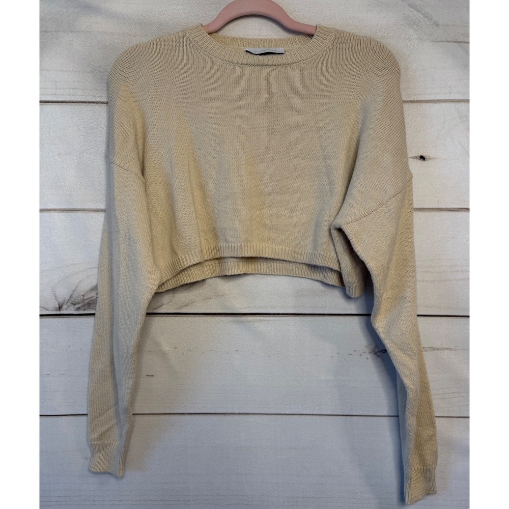 All Things Golden Womens XS Cropped Knit Sweater Cream Beige Crew Neck Boxy Fit